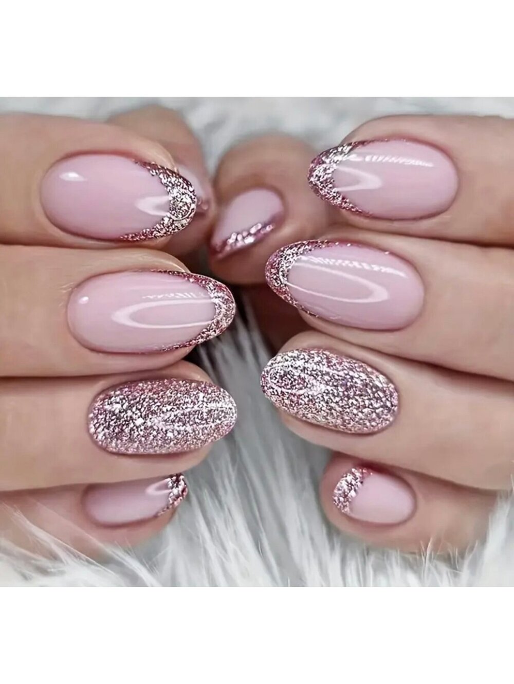 New - 24pcs - Pinkish/Glitter Oval Shaped - Reusable Press-On-Nails